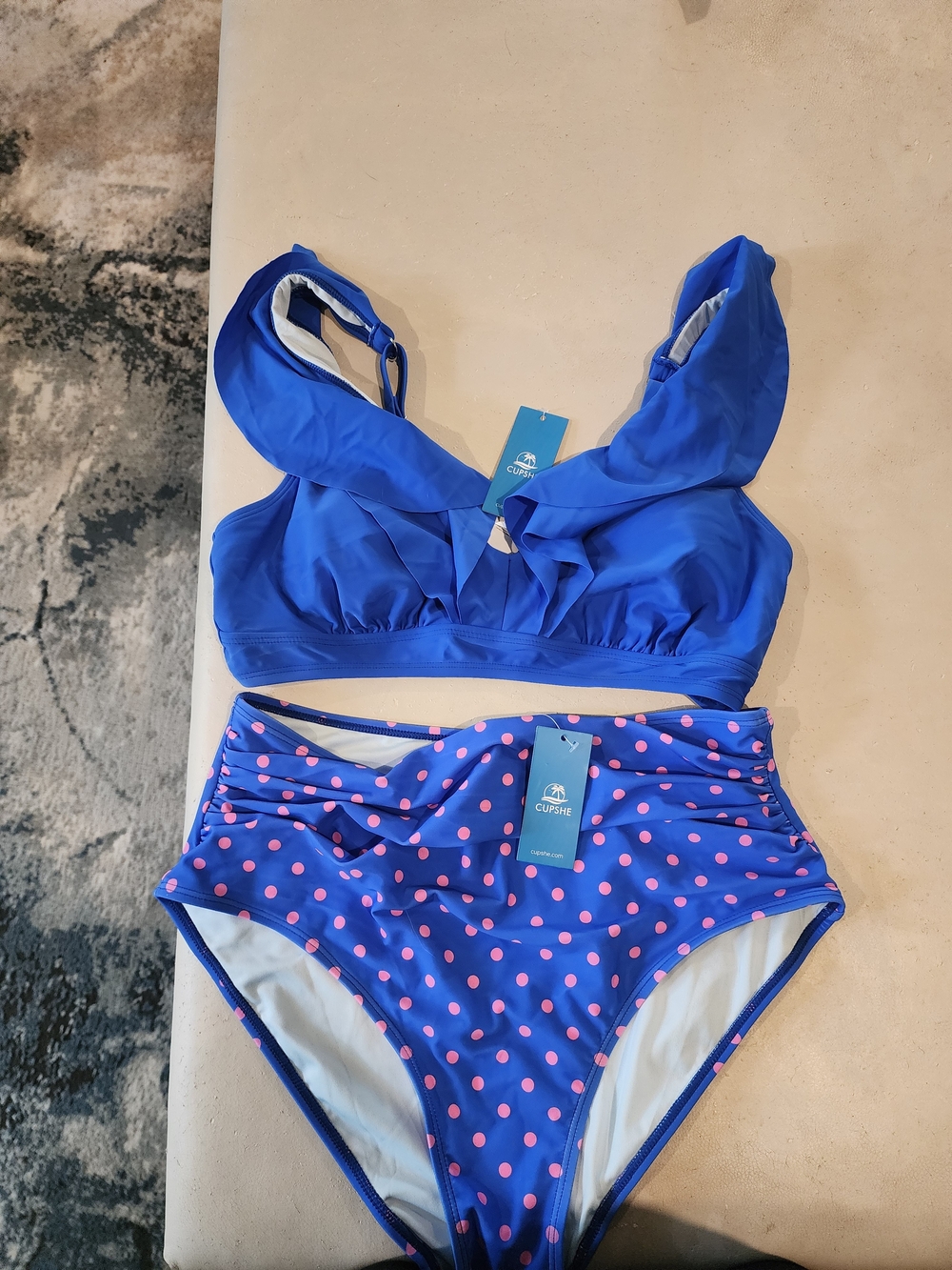 Cupshe Blue Bikini Set with Pink Polka Dots